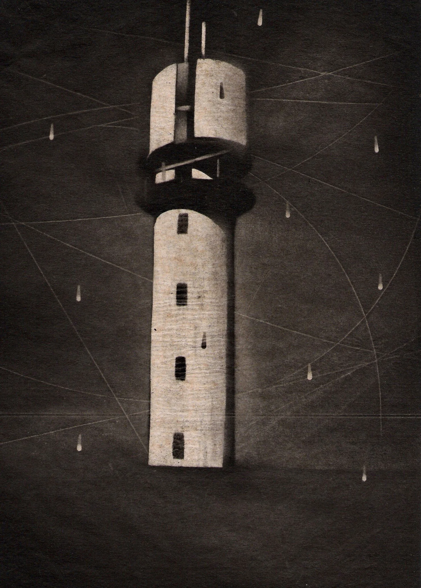A black-and-white drawing of a tall lighthouse with multiple windows, standing on a dark background. Surrounding the lighthouse are small raindrops and curved lines.