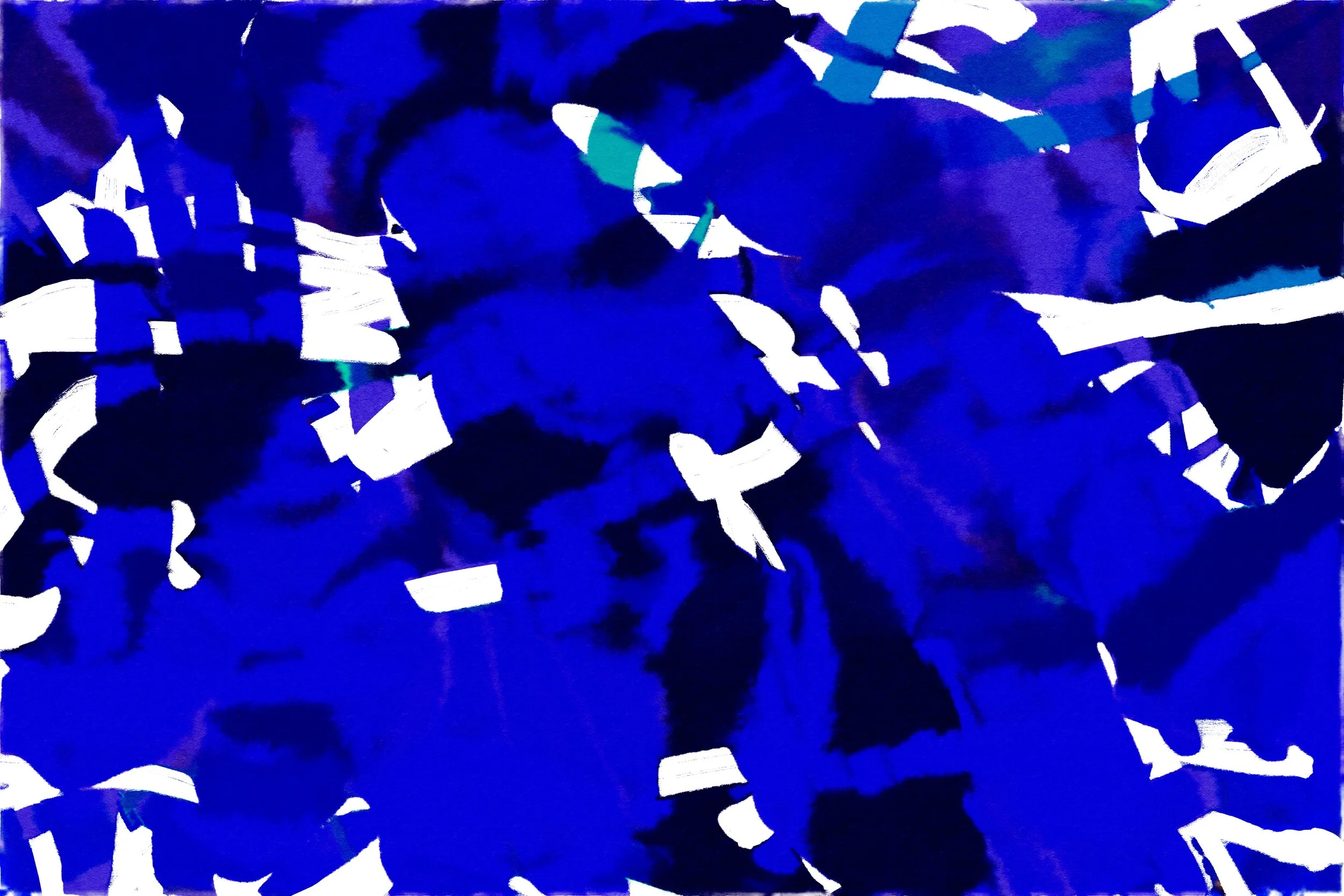 Abstract image with dark blue and black watercolor background, featuring white and teal geometric shapes and fluid strokes.