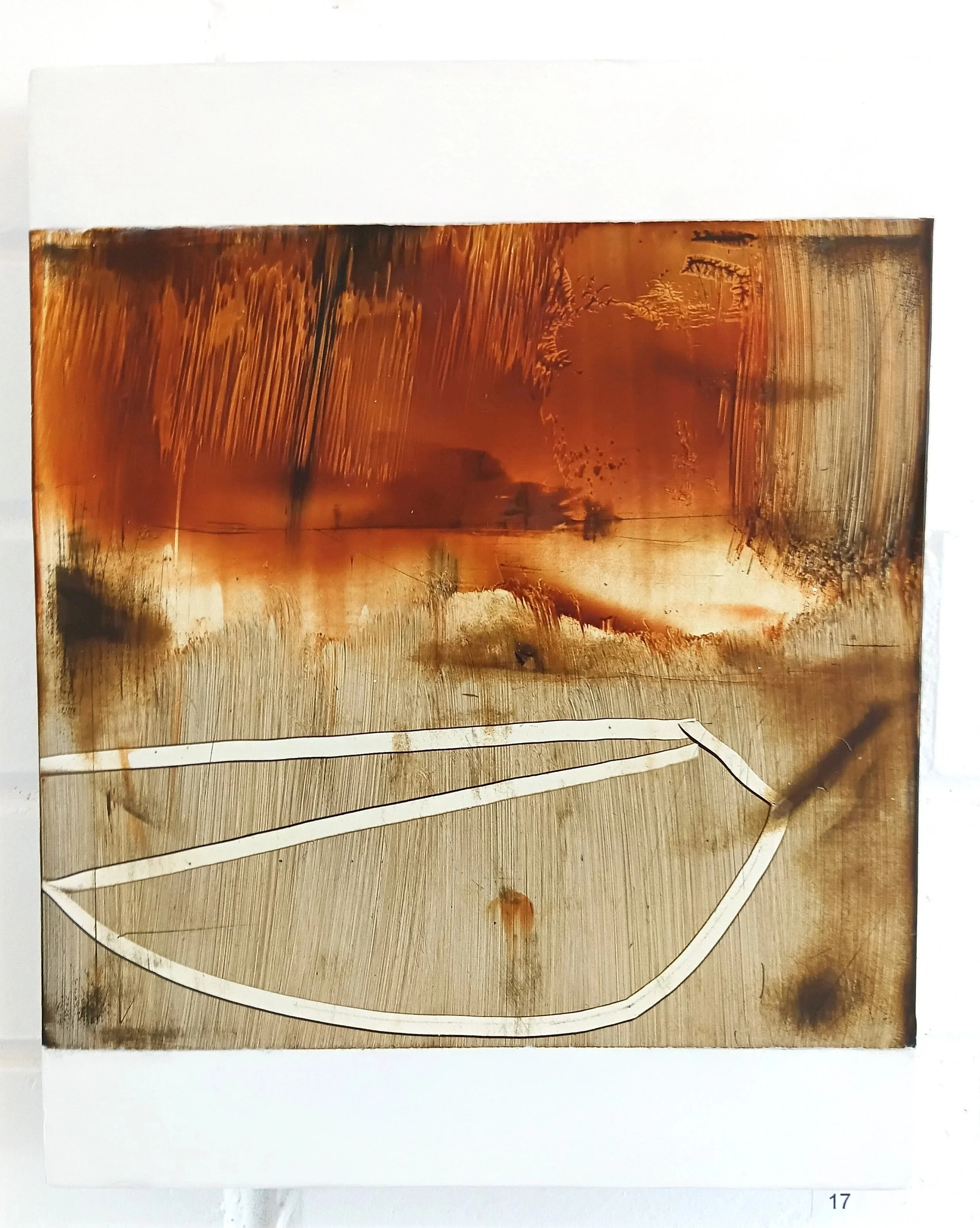 Abstract artwork with rust-colored streaks and brushstrokes, featuring a white geometric shape outlined in black at the bottom.
