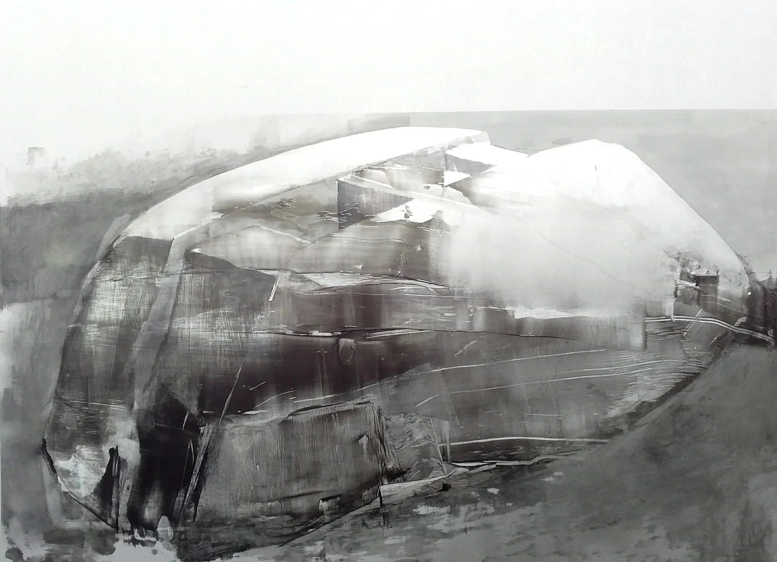 Abstract black and white painting of an ice formation on a landscape.