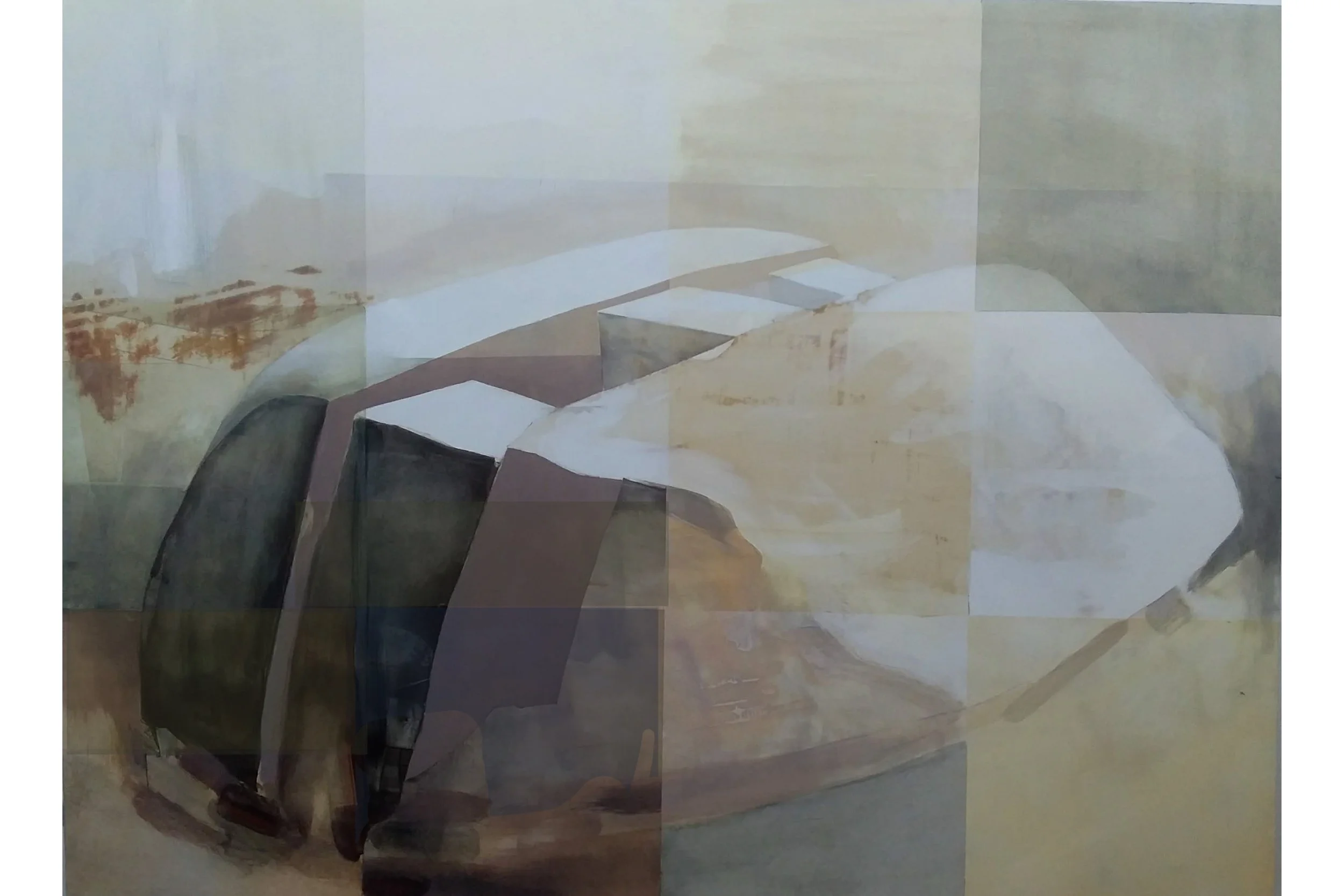 Abstract painting of a golf club and golf ball on a golf tee with earthy tones.