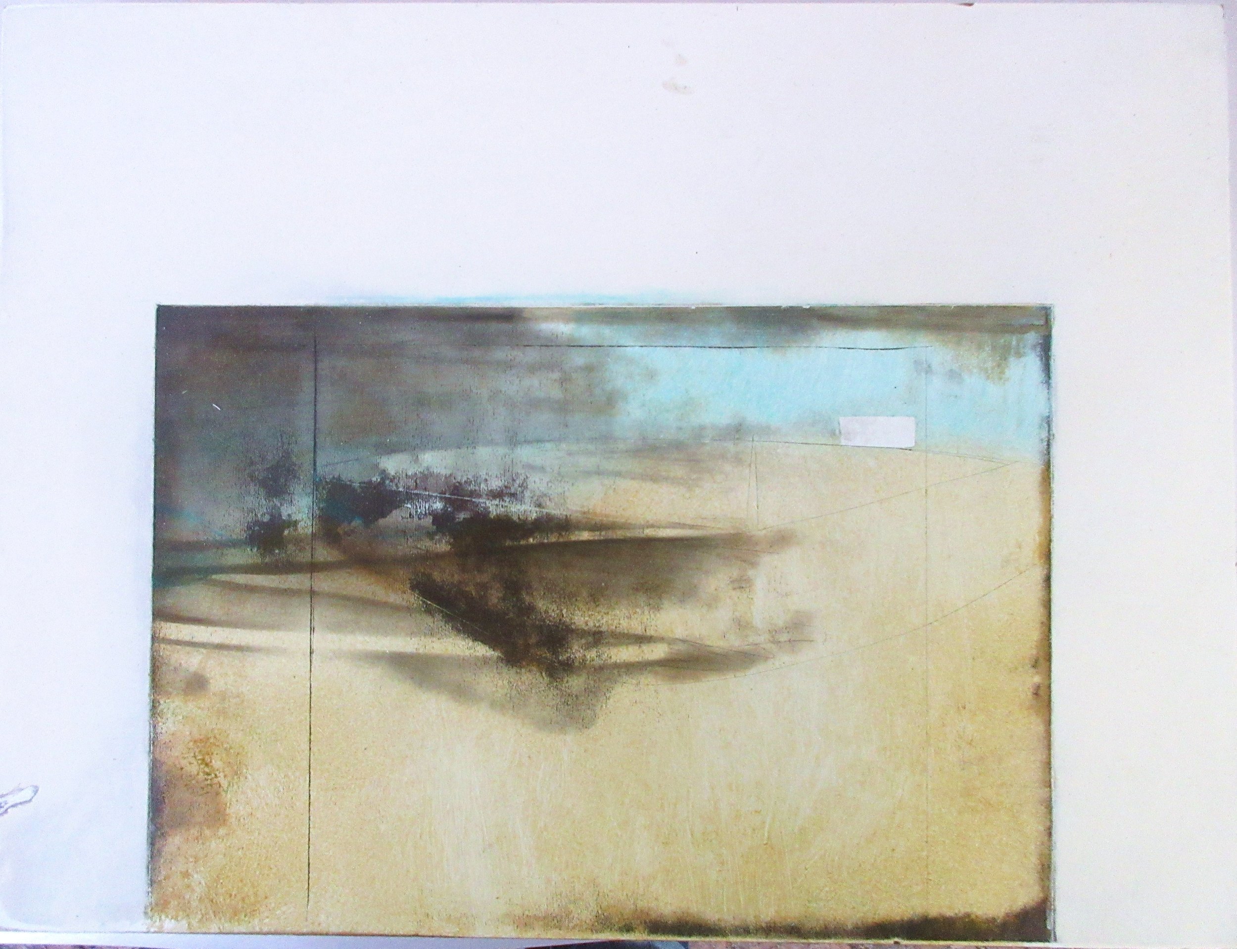 Abstract painting with soft earthy tones, including shades of beige, brown, black, and hints of blue, with smooth blending and textured areas.