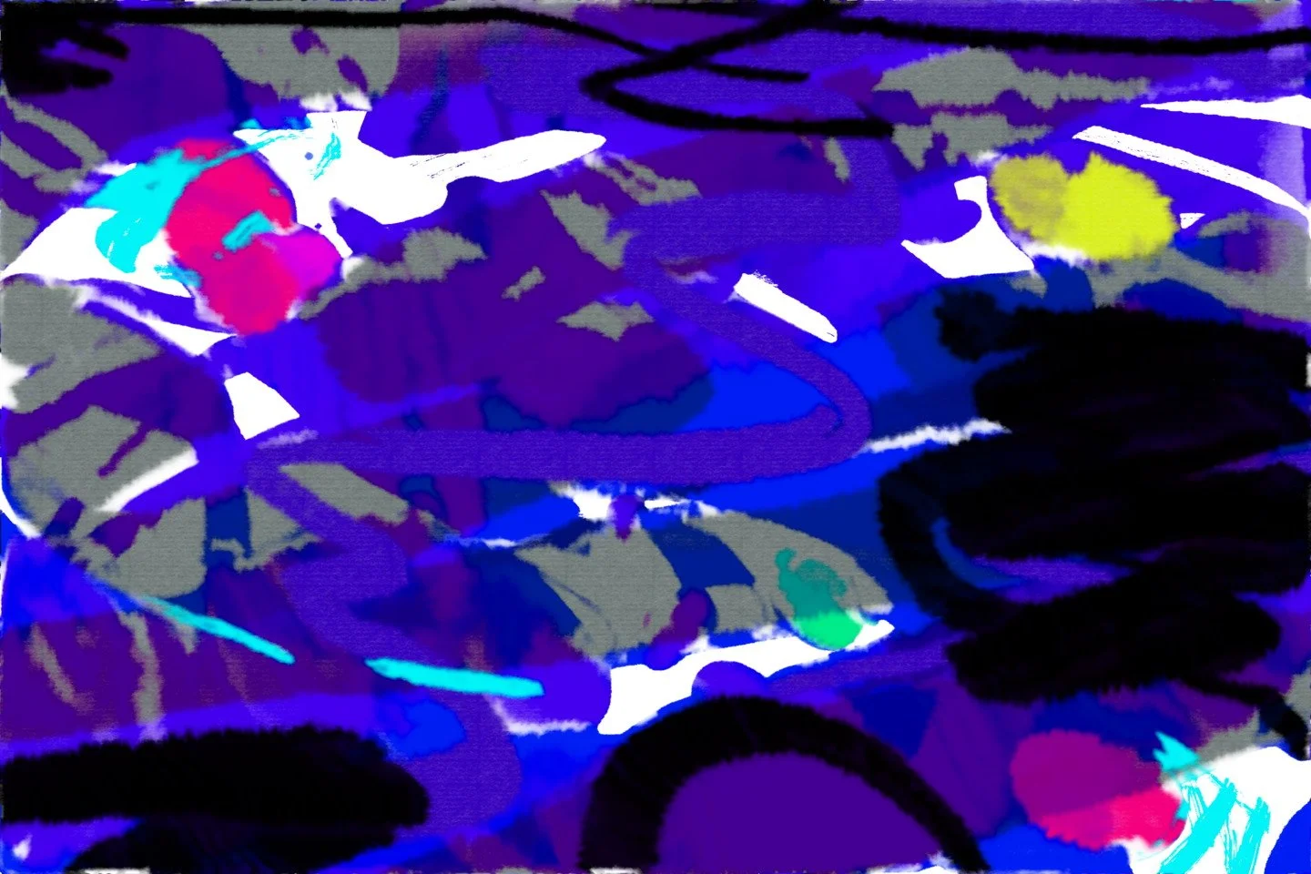 Colorful abstract painting in a white frame hanging on a white brick wall.