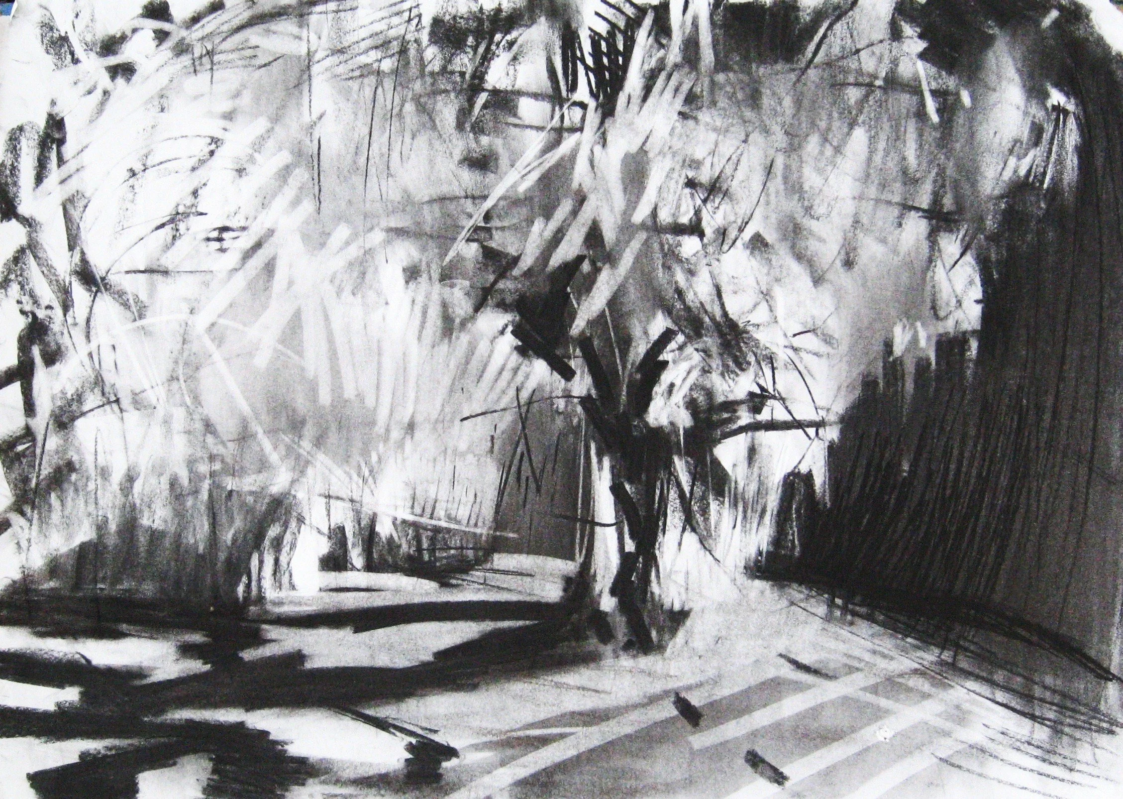 Black and white abstract ink drawing of a person walking across a street, with dynamic lines and shadows creating a sense of motion and urban environment.