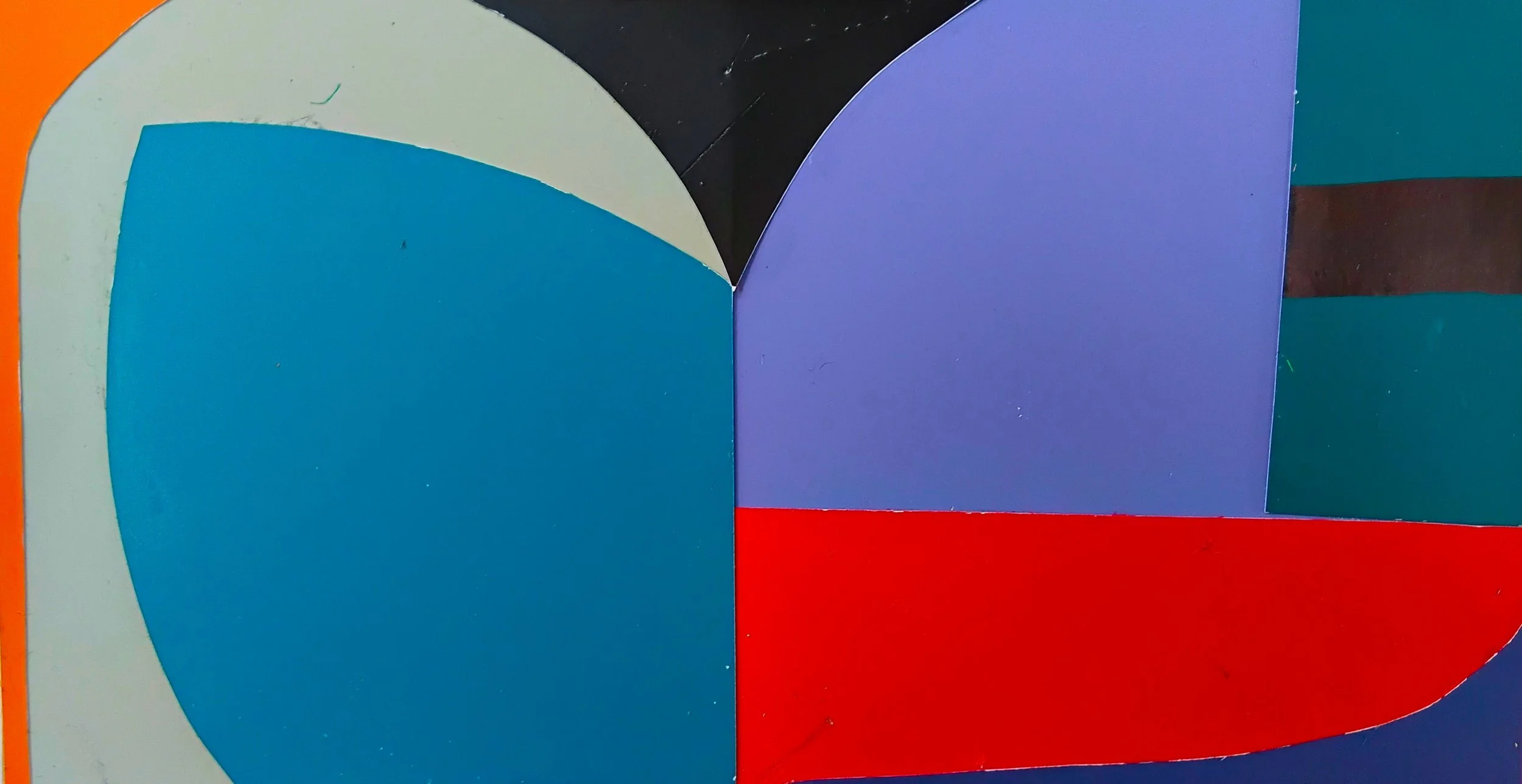 Abstract geometric artwork with various colored shapes including blue, purple, red, green, black, and beige arranged in curved and angular forms.