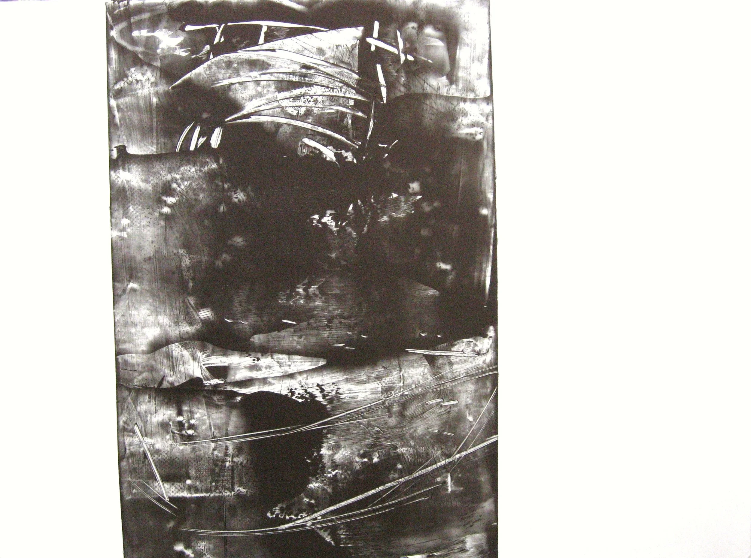An abstract black and white painting with various textured brushstrokes and splatters.