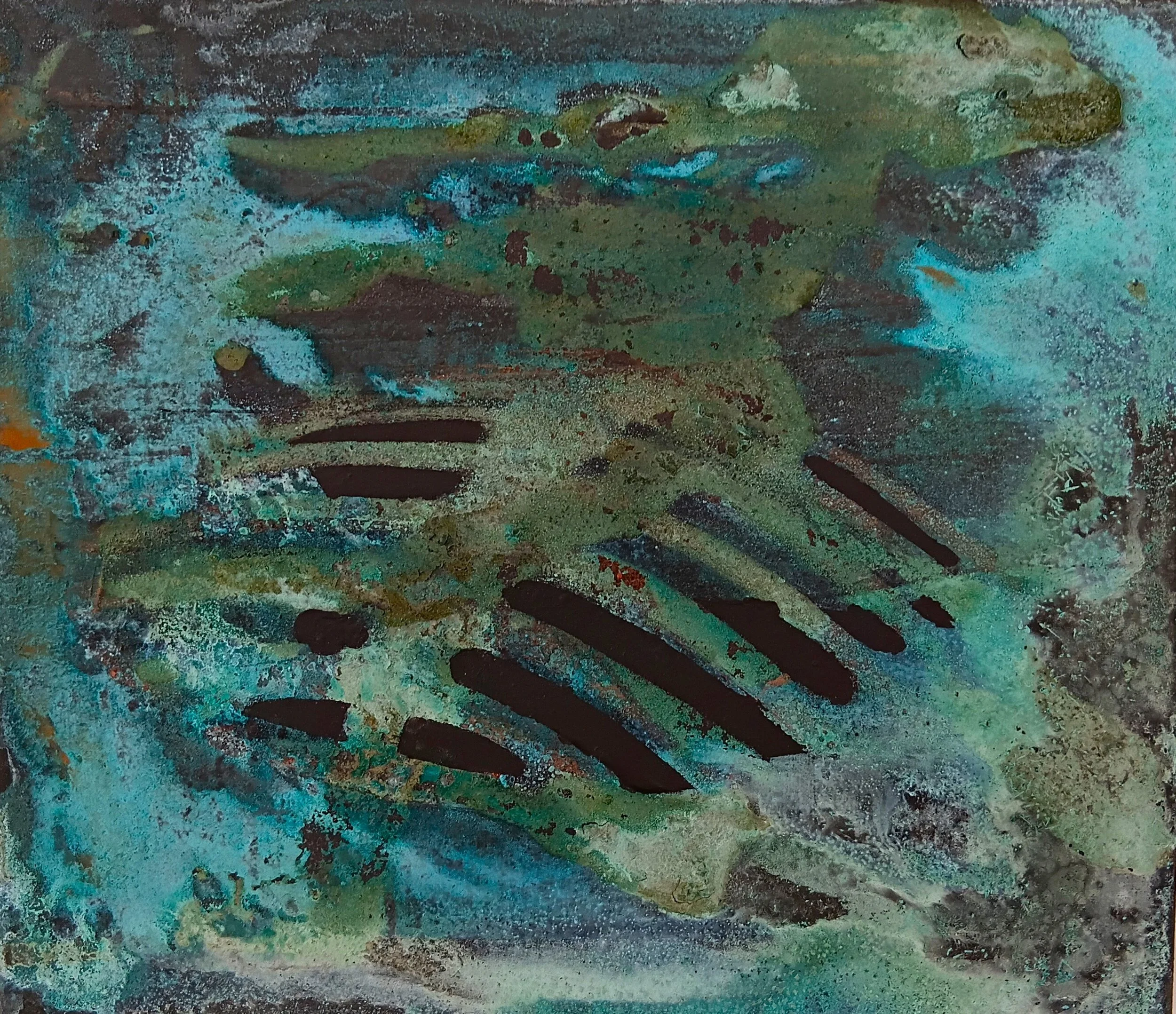 Abstract painting with green, blue, black, and hints of orange and white colors, featuring dark lines and textured layers.