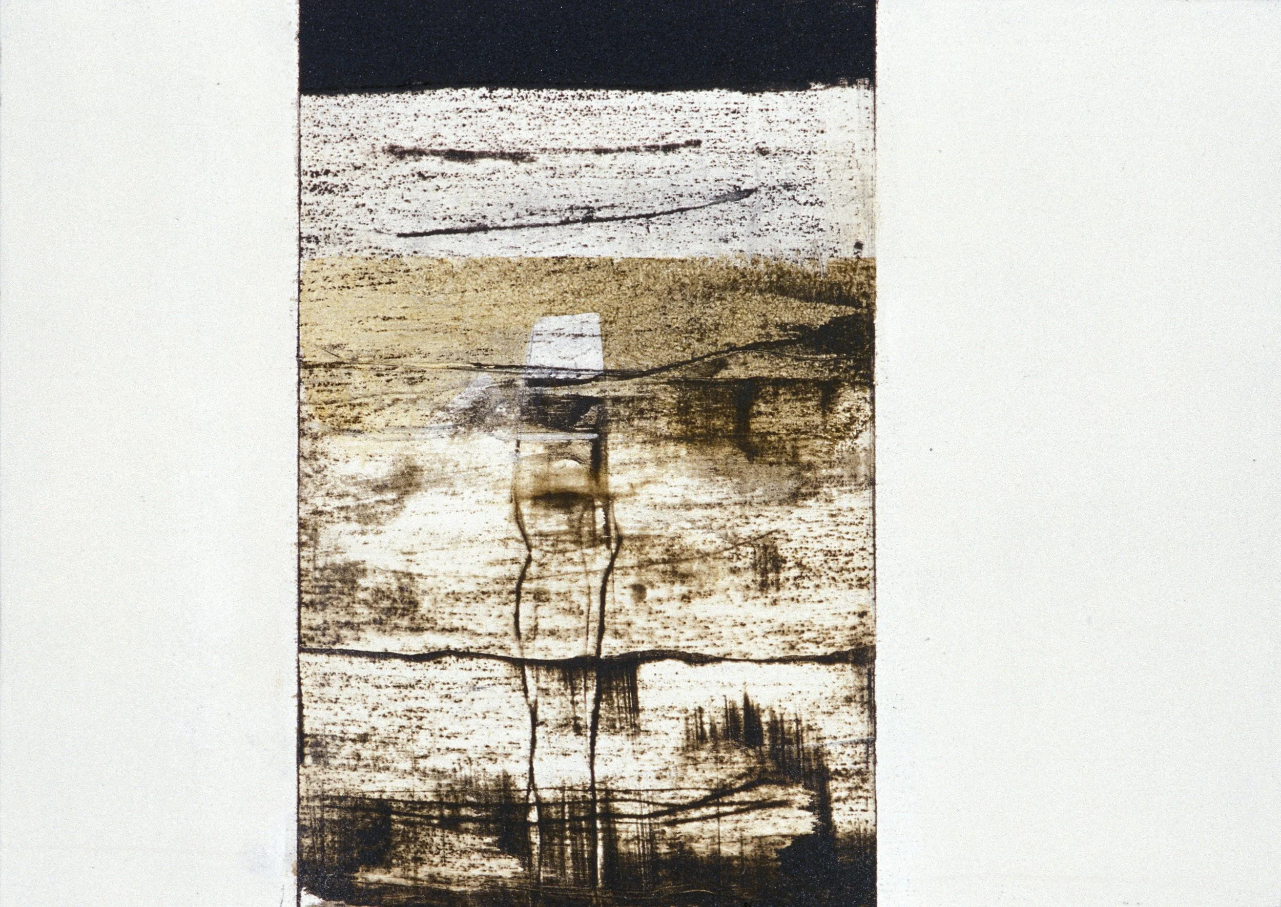 Abstract artwork with a vertical rectangle composed of textured, weathered wood in shades of brown, black, and white.