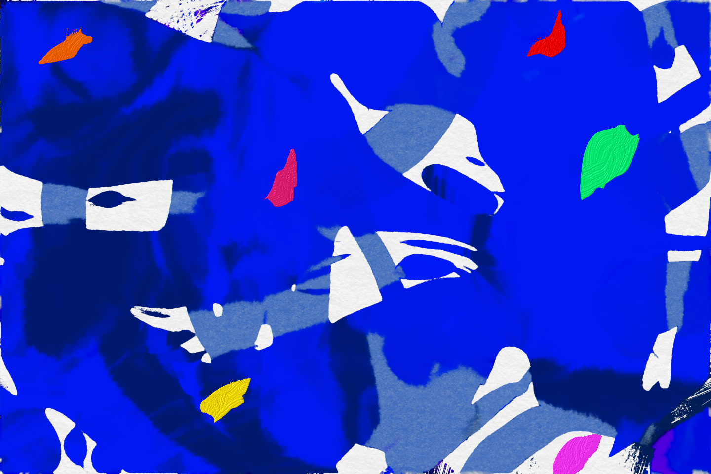 Abstract colorful artwork with shades of blue, white, green, red, yellow, black, and pink, framed and displayed on a white brick wall.