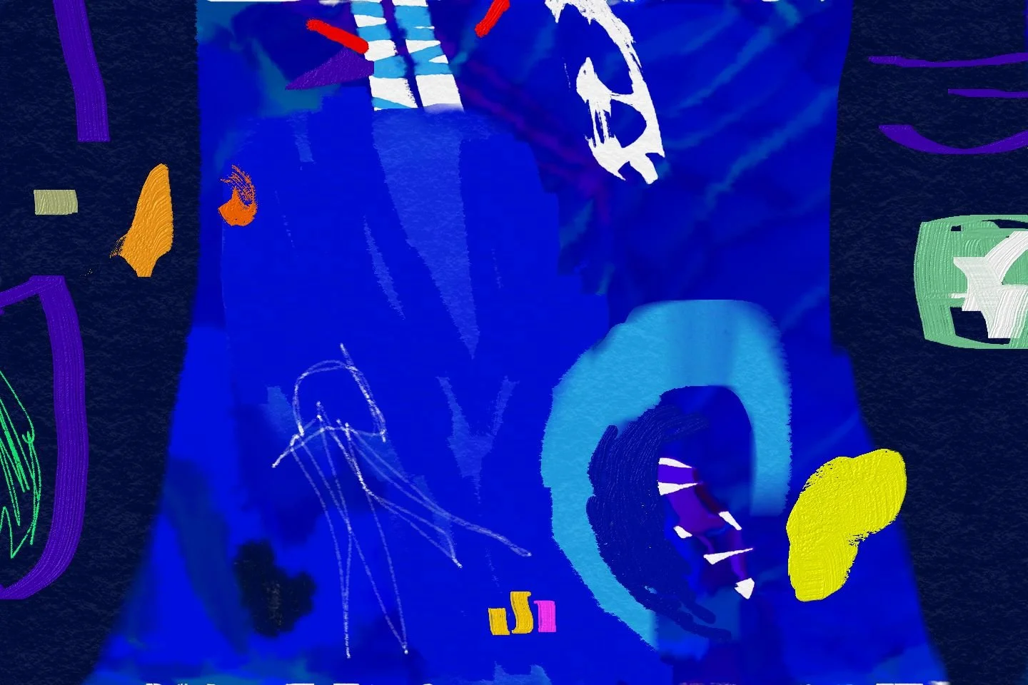 Abstract colorful artwork with shades of blue, purple, yellow, orange, pink, and white, framed on a white brick wall.