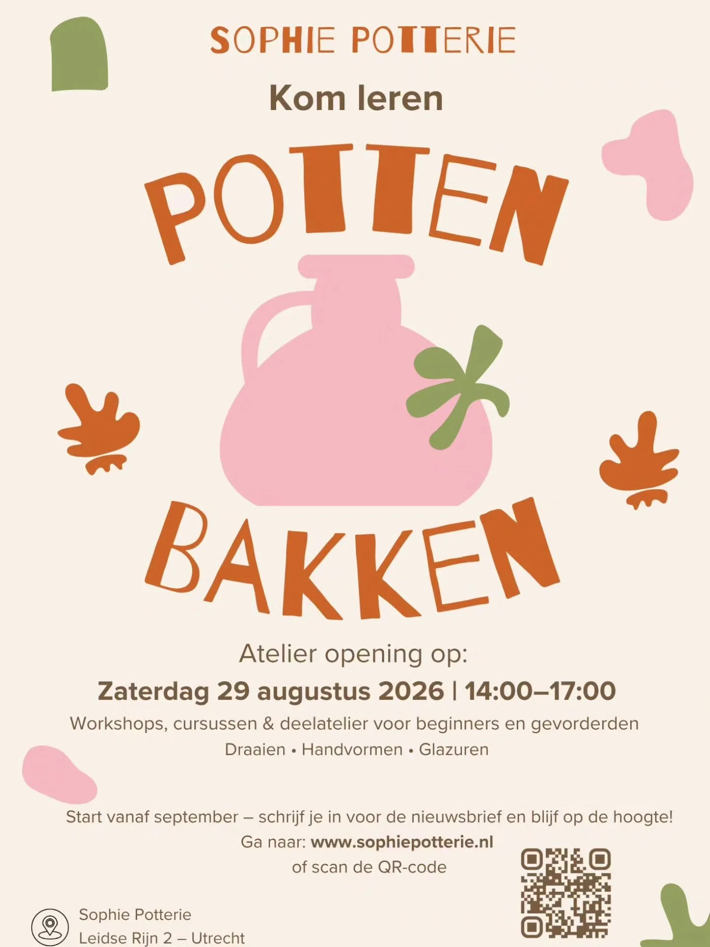 📣 Groot nieuws! 

Op zaterdag 29 augustus 2026 van 14:00 tot 17:00 openen wij de deuren van ons eigen keramiek atelier in Utrecht Leidsche Rijn.
Save the date en kom gezellig langs om een kijkje te nemen en te proosten. 

Vanaf september starten we 