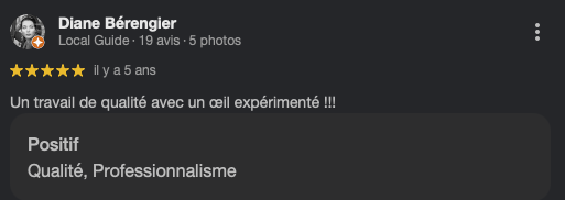 Capture d'écran d'une critique positive de Diane Bérengier, mentionnant la qualité et le professionnalisme du travail.