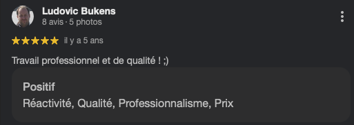Capture d'écran d'une évaluation en ligne pour Ludovic Bukens, contenant des avis positifs et des commentaires sur son professionnalisme et la qualité de son travail.