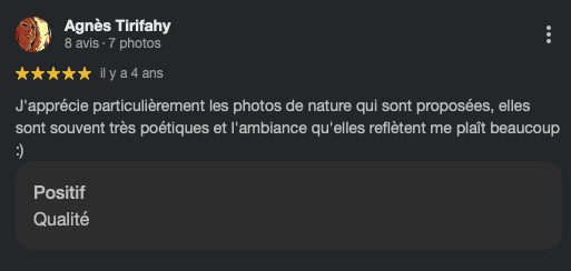 Capture d'écran d'une critique positive d'une personne nommée Agnès Tirifahy, concernant des photos de nature.