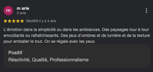 Avis positifs avec une note de 5 étoiles en français, mentionnant la simplicité, les paysages, les jeux d'ombre et de lumière, et le professionnalisme.