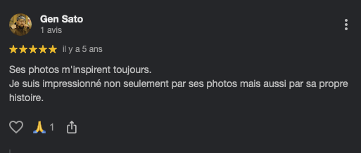 Avis positif de Gen Sato avec cinq étoiles et un message en français.