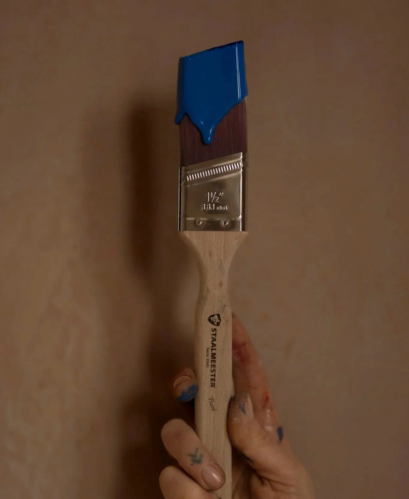 A paintbrush with blue paint on the bristles, held by a hand.