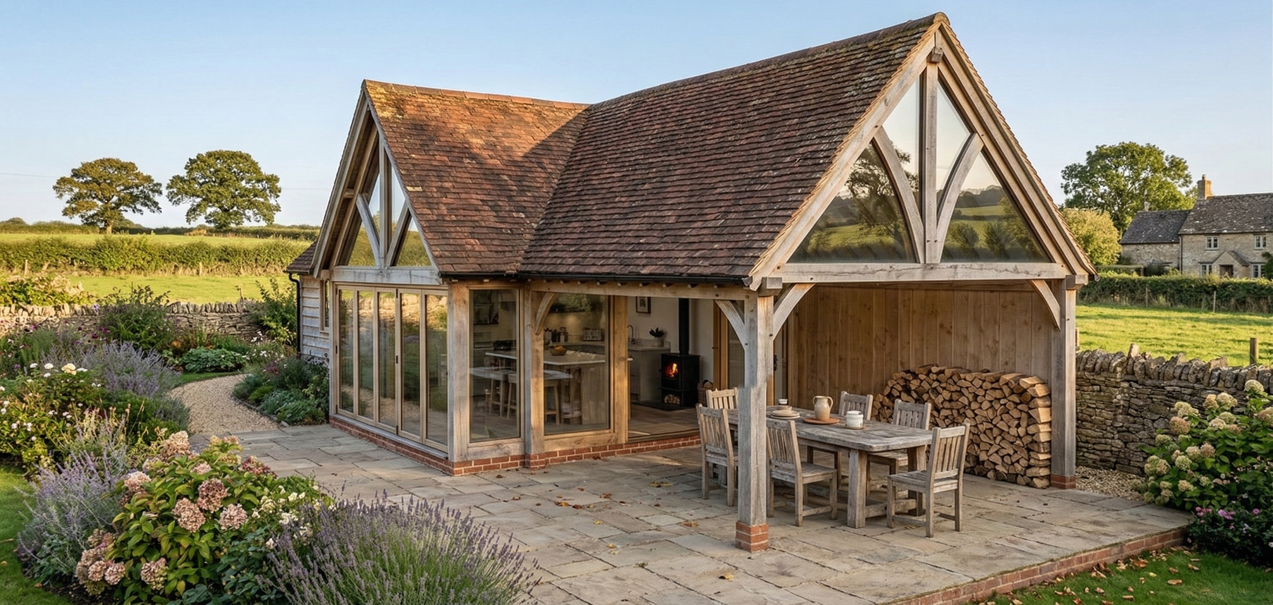 A rustic garden house with a gabled roof and large glass windows, surrounded by a landscaped garden with plants and flowers, and outdoor dining furniture on a stone patio.