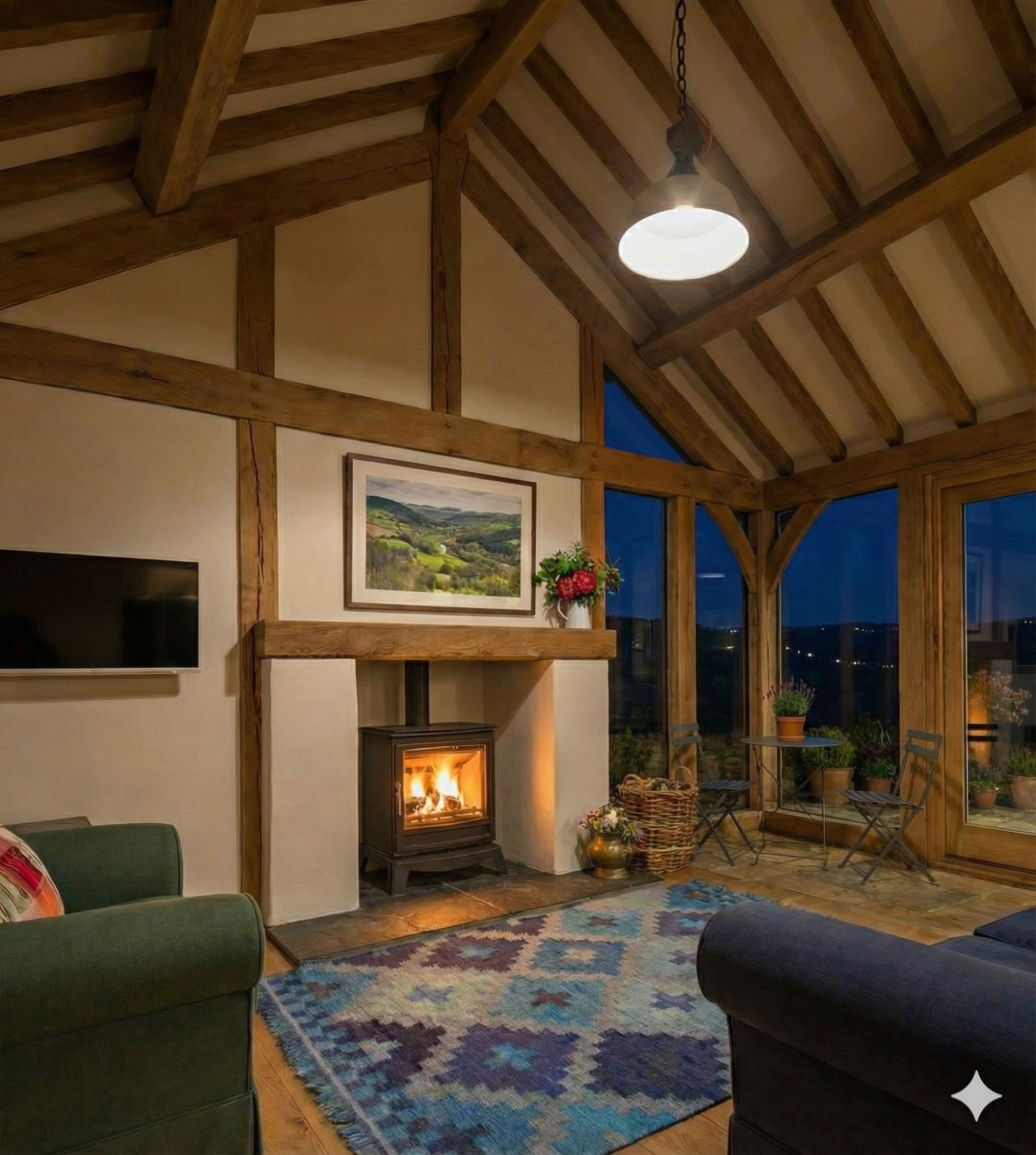 Cozy living room with a wood stove, framed landscape painting, green and black sofas, colorful rug, and large windows showing a night view outside.