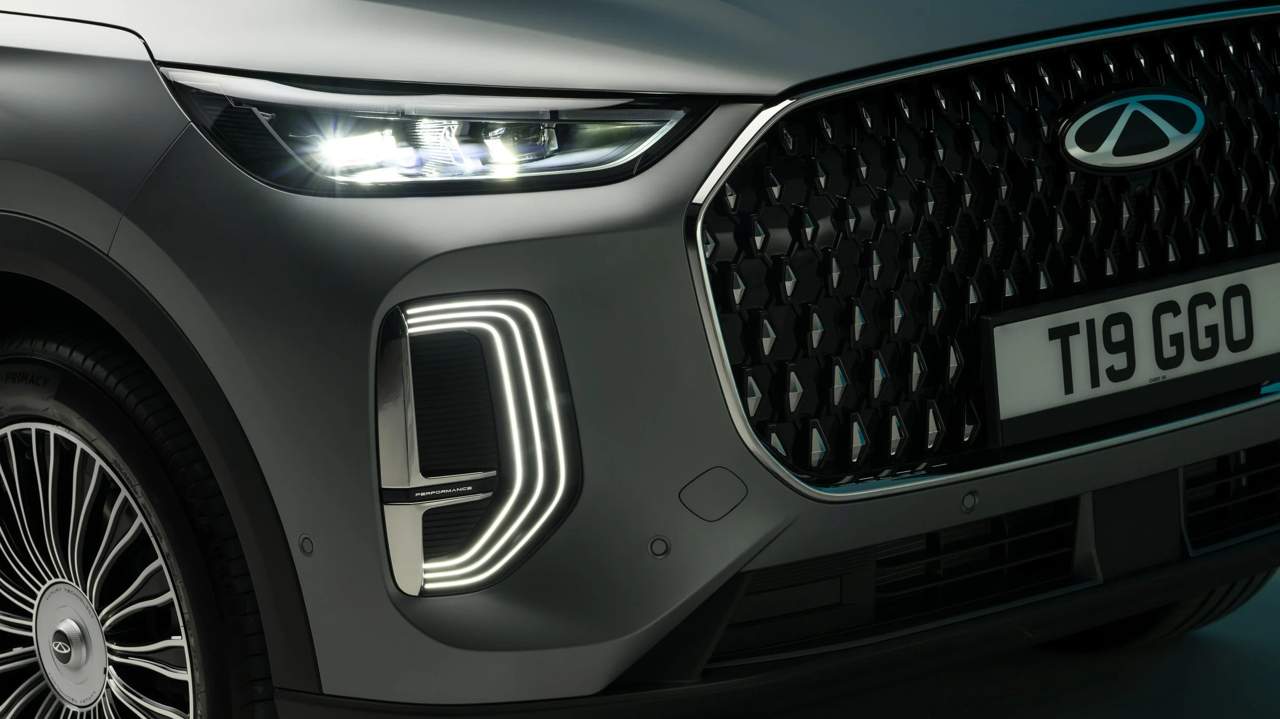 Close-up of the front of a modern gray car, showing a headlight, grille with a symbol, and a license plate reading 'T19 GGO'.