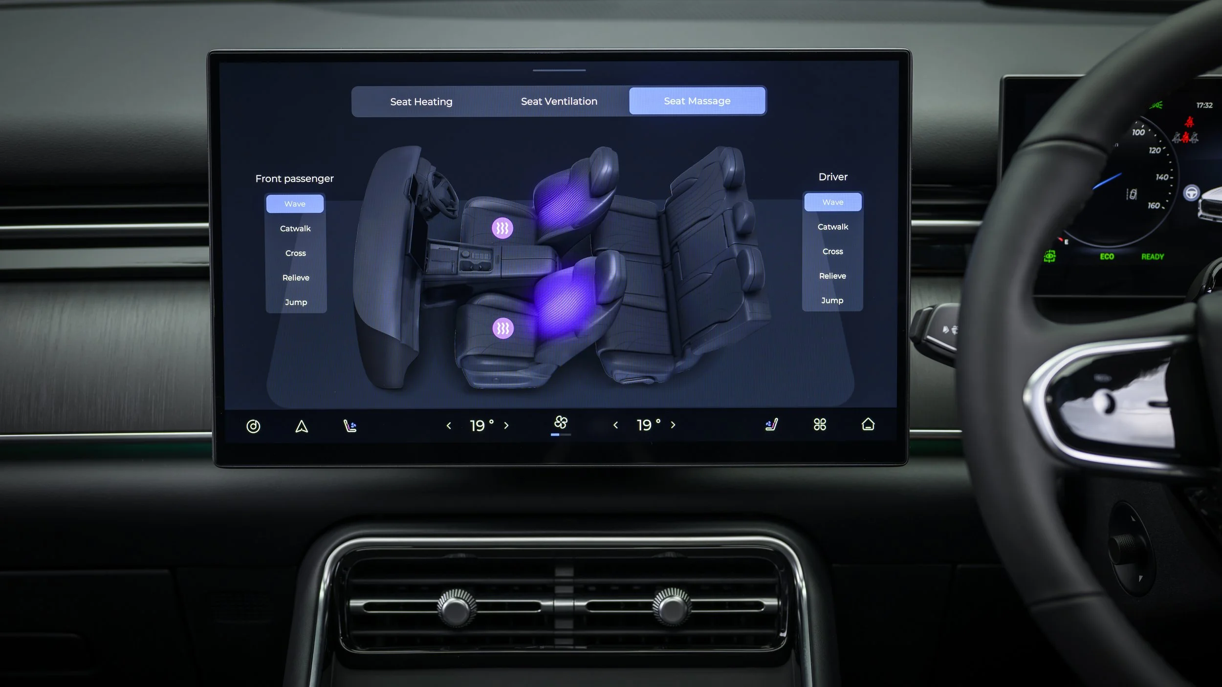 Car's infotainment screen displaying seat massage settings with options for front passenger and driver seats, including wave, catwalk, cross, relieve, and jump massage modes.