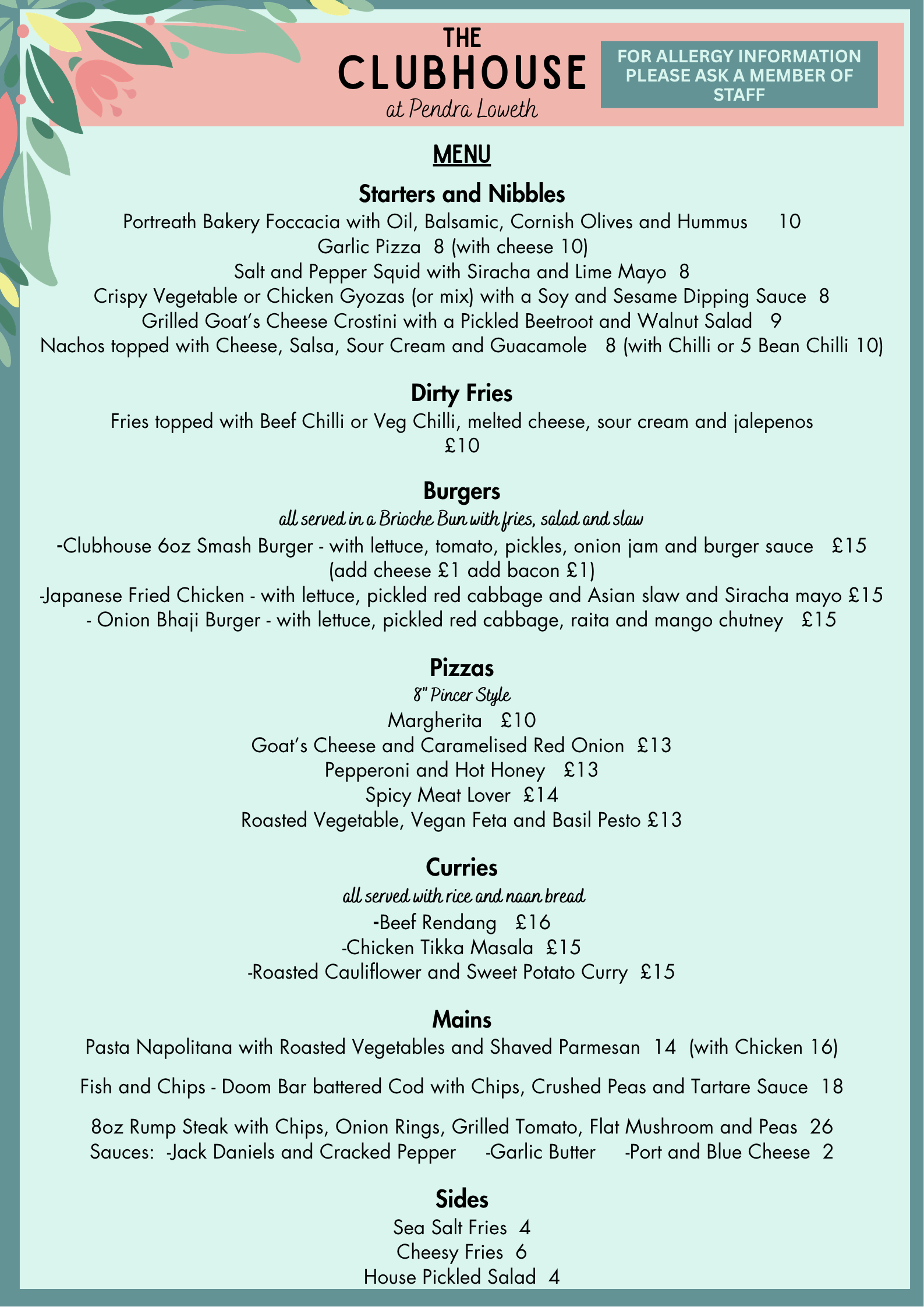 Menus — The Clubhouse at Pendra Loweth