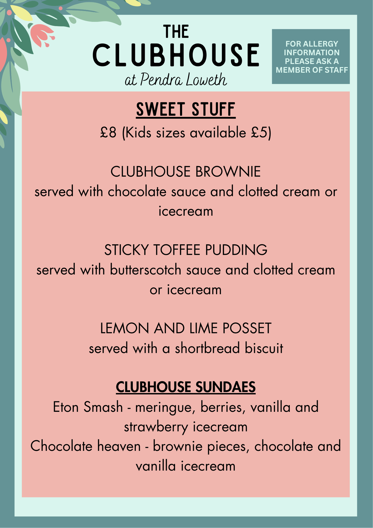 Menus — The Clubhouse at Pendra Loweth