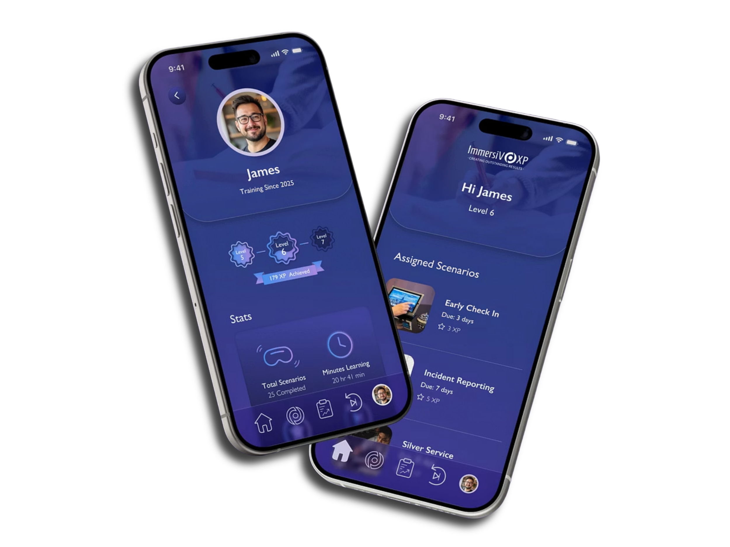 Two smartphones displaying a corporate training app interface with a user profile, progress levels, and assigned scenarios.