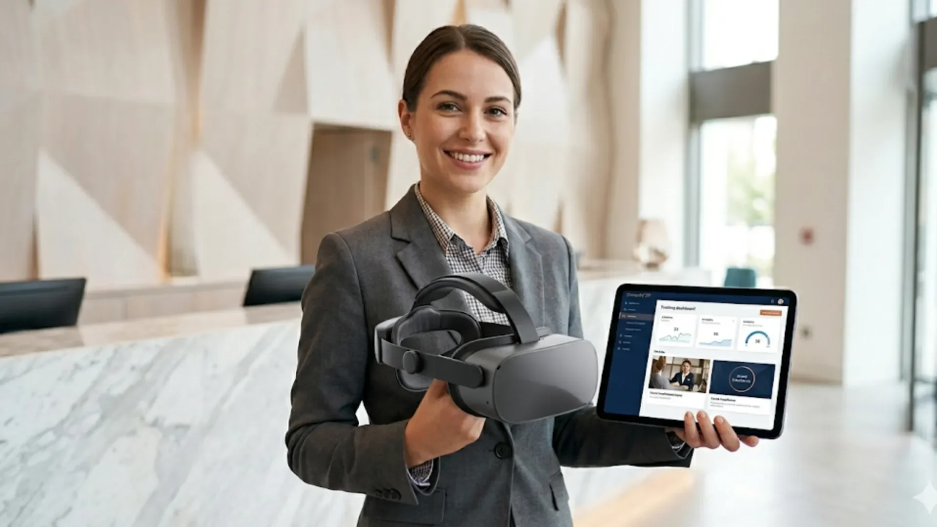 A woman in a gray blazer holding a virtual reality headset and a tablet in a modern office lobby.