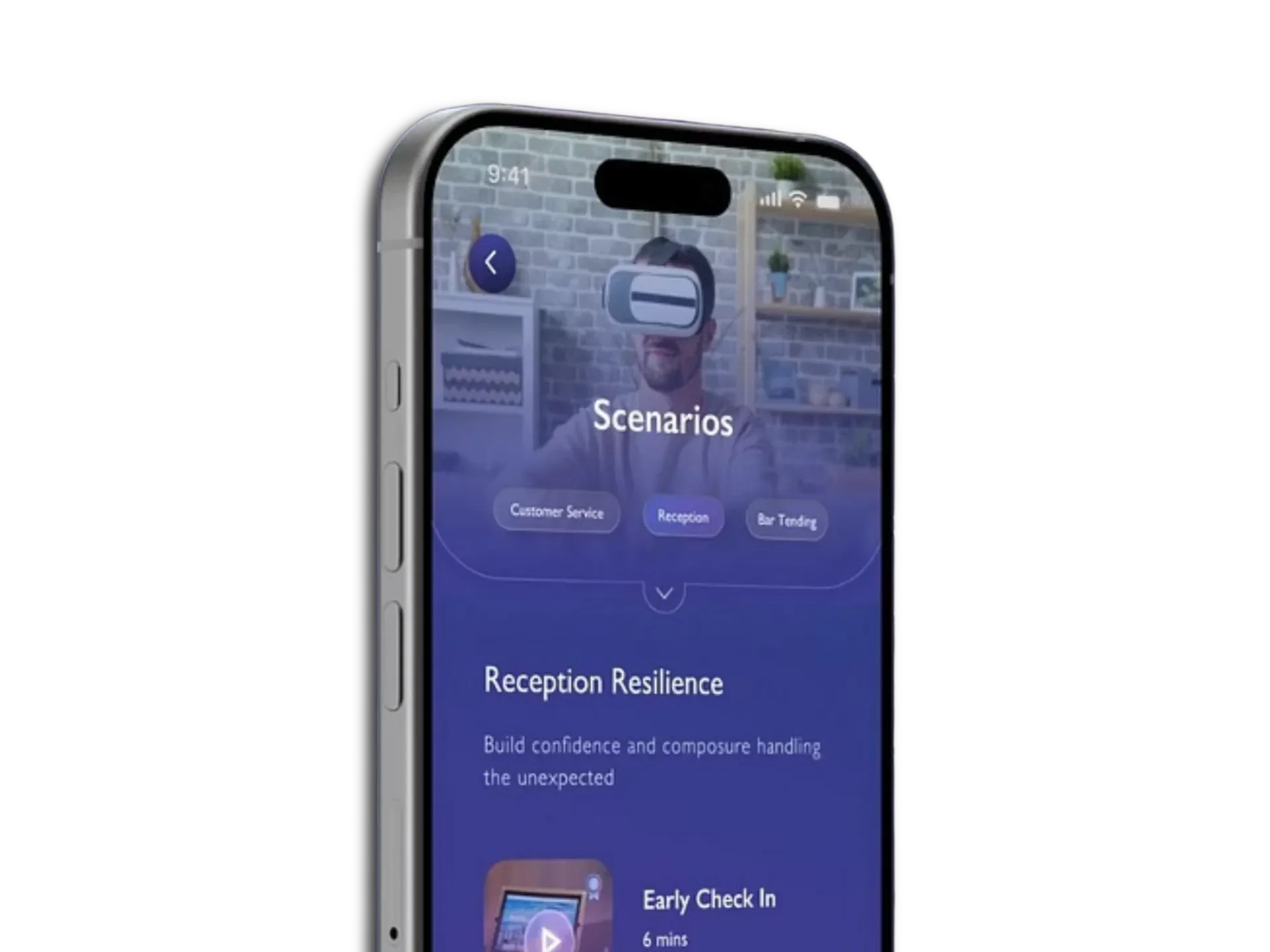 Smartphone screen displaying the ImmersiV XP app with scenarios for customer service, reception, and bar tenders, featuring a header image of a person wearing a virtual reality headset and background decor with potted plants and shelves.