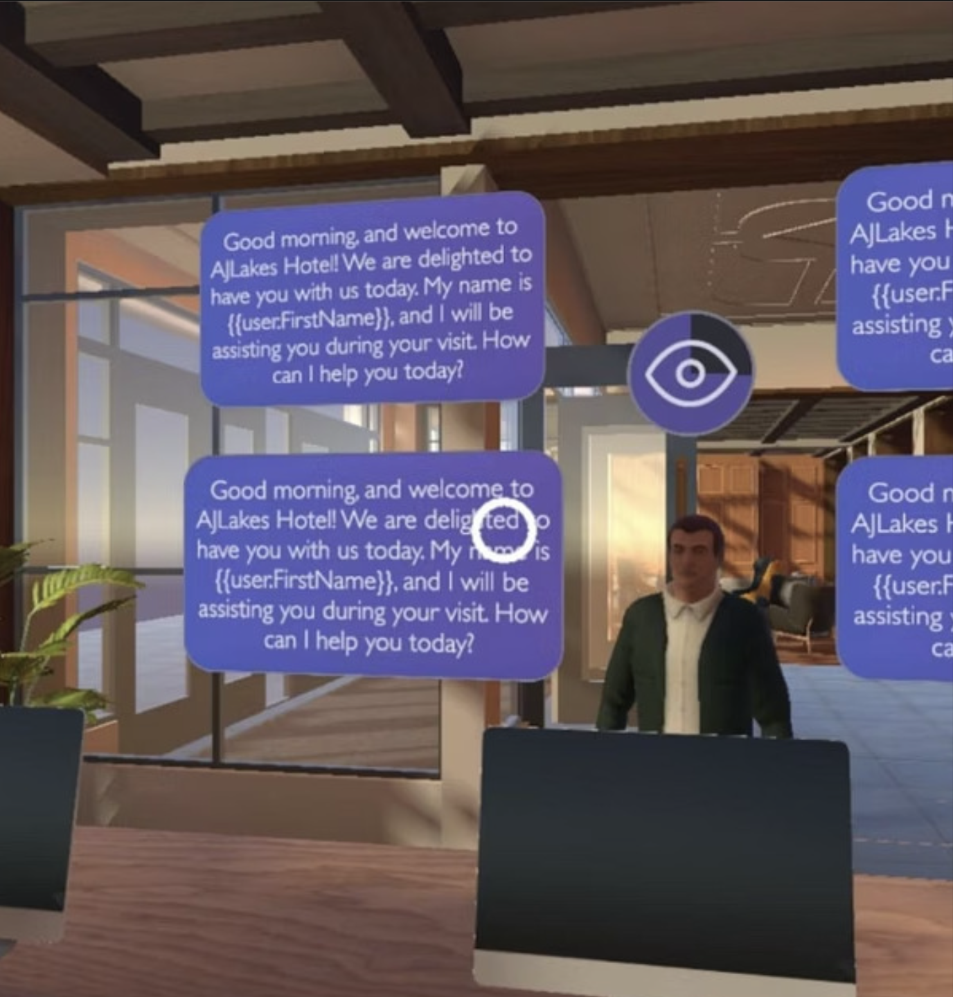 Inside a hotel lobby with large windows and wooden accents, a person is standing near a counter, with multiple speech bubbles displayed on a screen, greeting guests with personalized welcome messages.