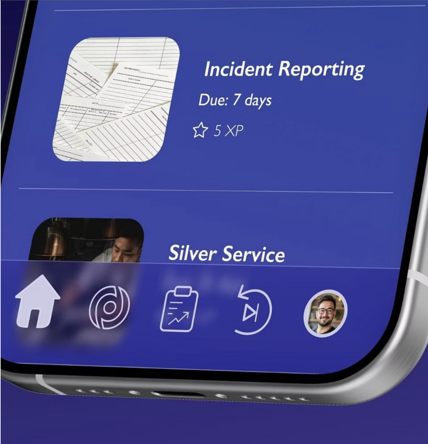 Smartphone screen showing an incident reporting app with a due date of 7 days and 5 XP, a section labeled Silver Service, and icons for home, activity, report, undo, and user profile.