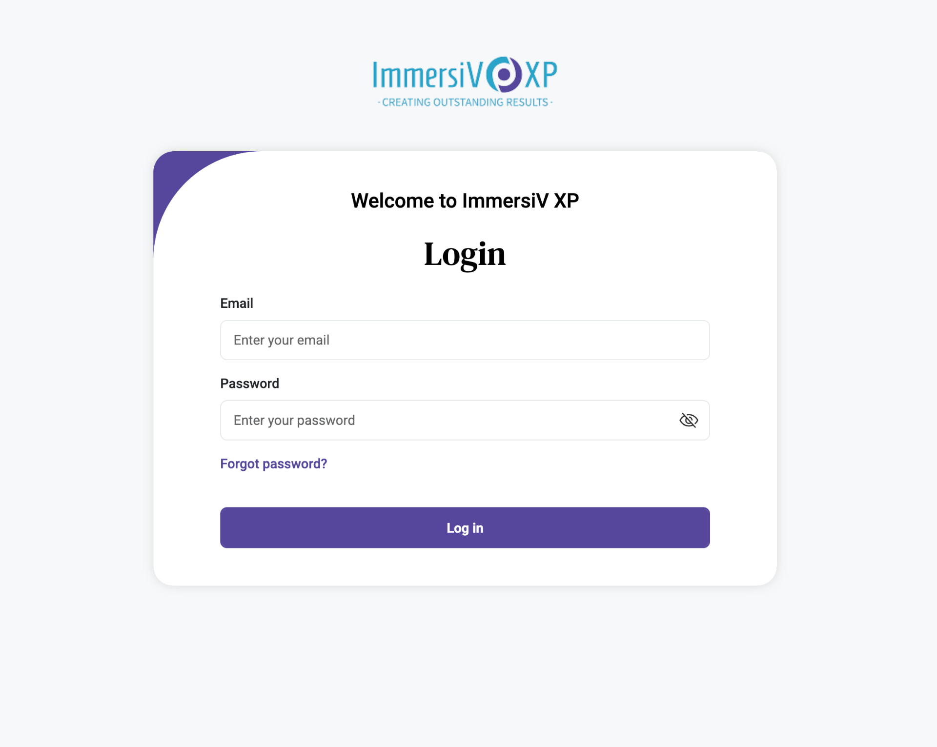 Login page for ImmersiV XP with email and password fields, a 'Forgot password?' link, and a purple 'Log in' button, with a white background and purple accents.