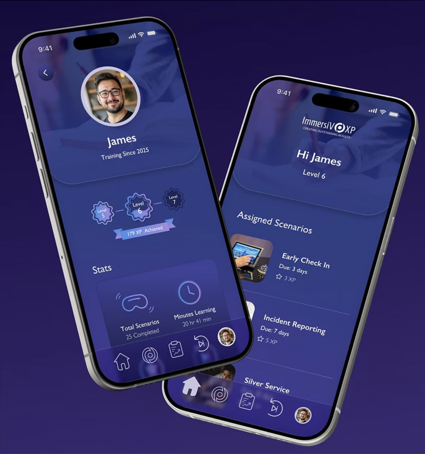 Two smartphones displaying the ImmersiV XP learning app, showing user profile, training levels, stats, and assigned scenarios with ongoing tasks.