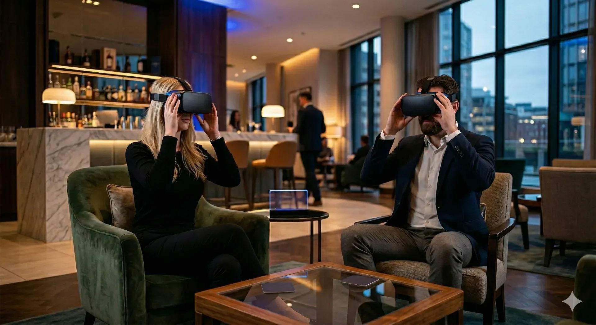 Two people sitting in a lounge area, using virtual reality headsets. The woman on the left has long blonde hair, and the man on the right has dark hair and a beard. They are both dressed in business casual attire.