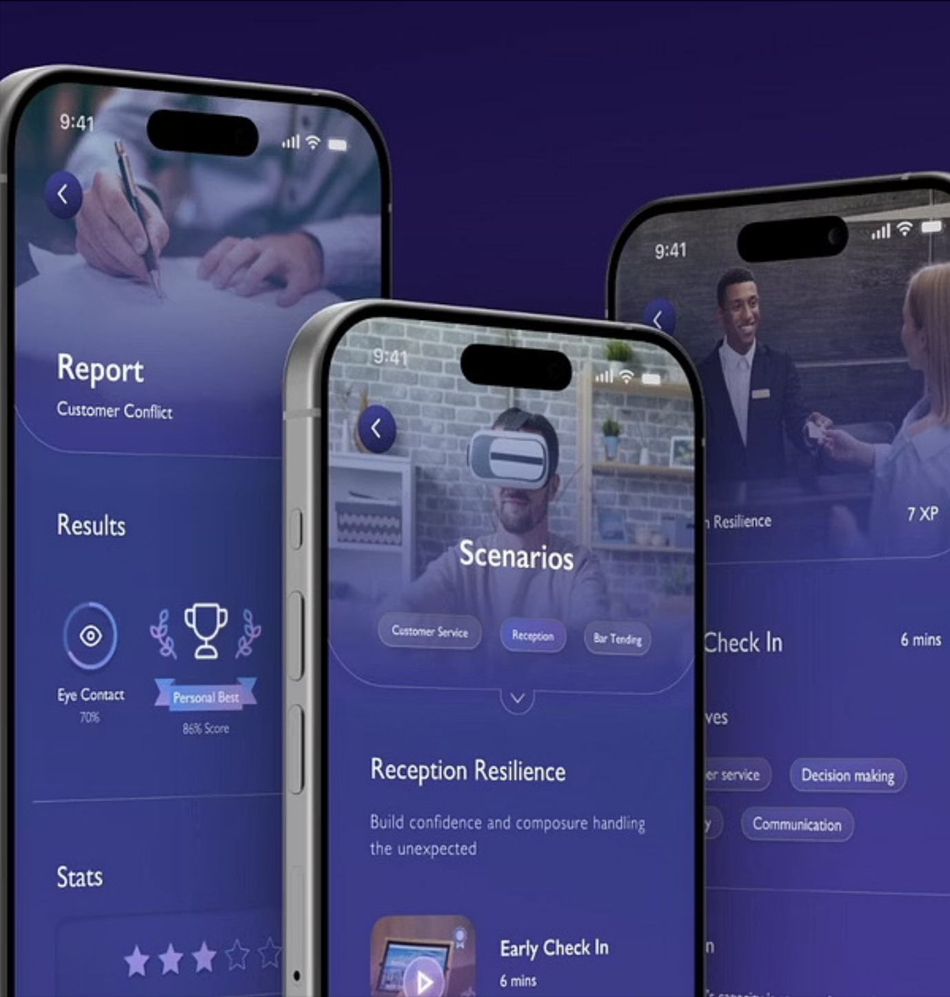 Smartphone screens displaying an ImmersiV XP interface with sections for report, results, stats, and scenarios related to customer service training, including icons and options for scenarios like reception and bar tending.