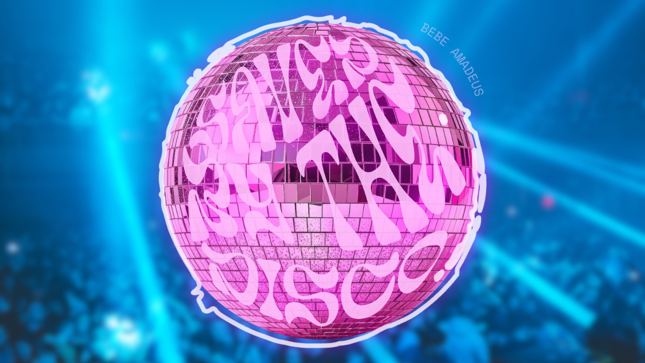 Pink disco ball with a grid pattern and stylized text overlay, set against a blue background with light beams and a crowd of people.