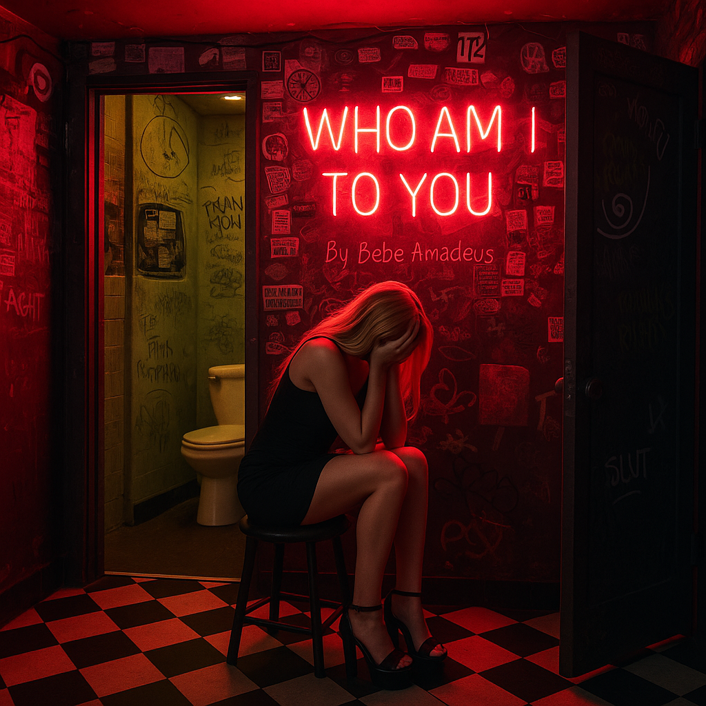 A woman sitting on a stool with her face covered, illuminated by a red neon sign that reads 'WHO AM I TO YOU' by Bebe Amadeus, in a dimly lit room with graffiti on the walls and a checkered floor, with an open door revealing a bathroom with graffiti on the walls.