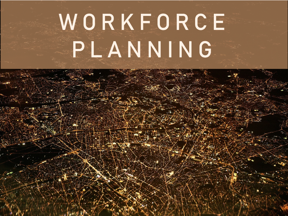 Night aerial view of a city with illuminated streets and waterways, overlaid with the text 'Workforce Planning' on a brown background.