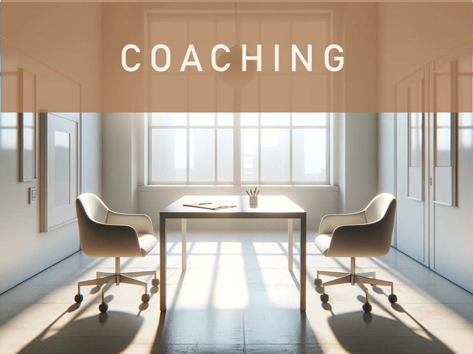 Empty coaching office with two white chairs, a table with a notebook and pen, sunlight streaming through large windows, and the word 'COACHING' overlayed at the top.
