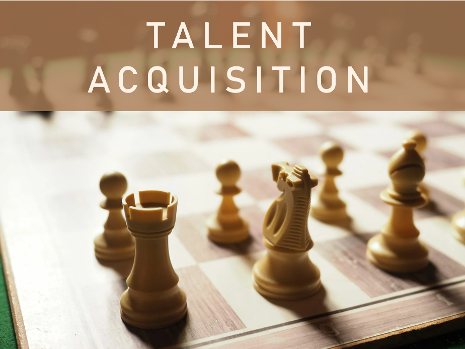 A chessboard with chess pieces, including a rook, bishop, and king, with text 'Talent Acquisition' overlaid at the top.