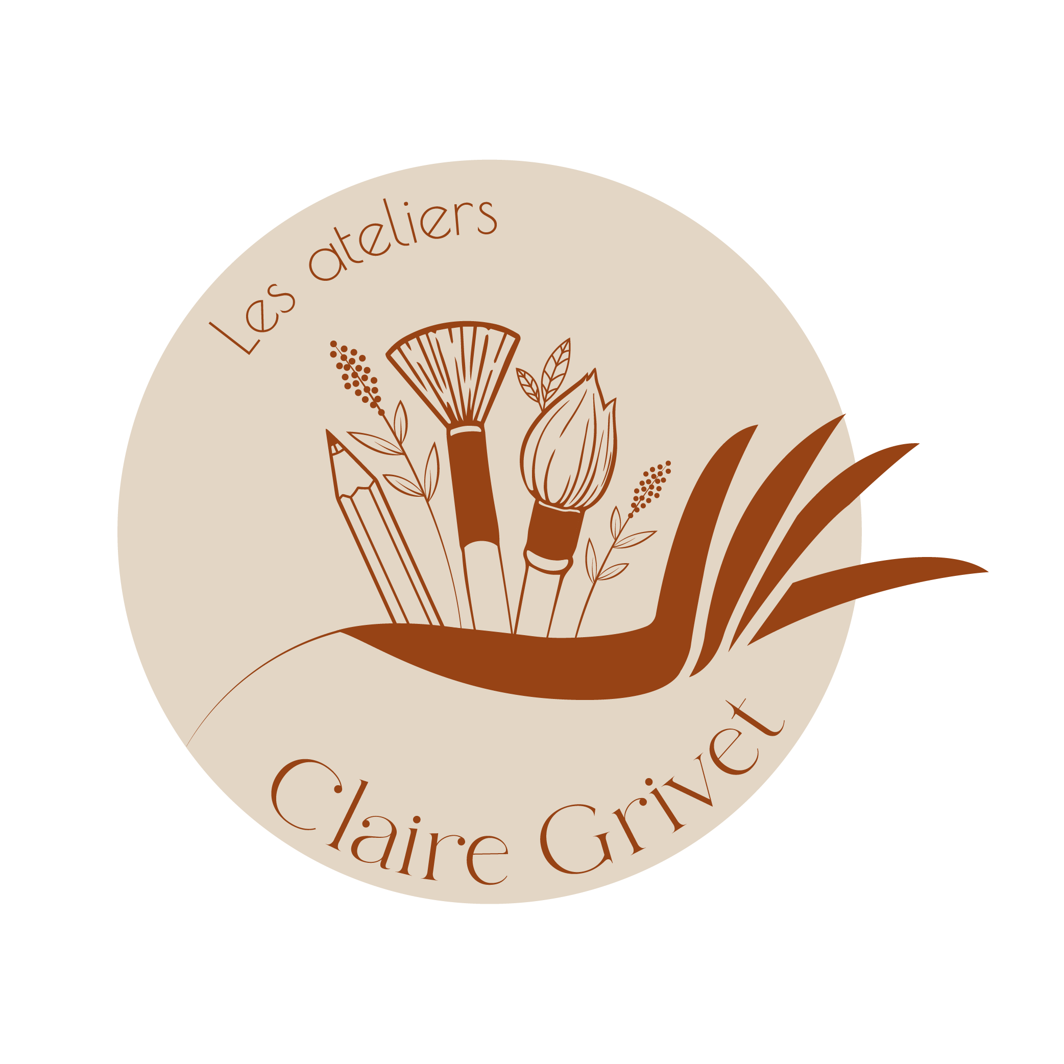 Logo rond avec des ingrédients artistiques de cuisine et le texte "Les ateliers Claire Grivet".