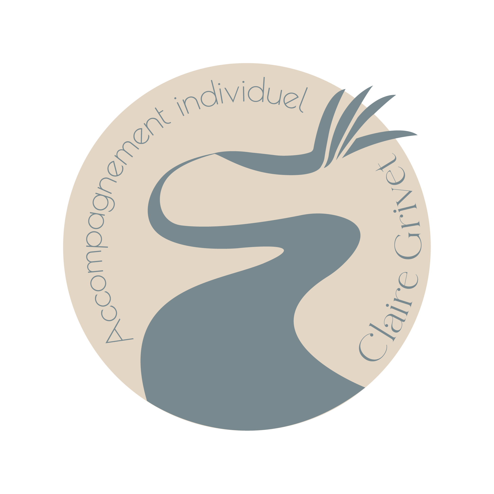 Logo circulaire avec une rivière stylisée et des feuilles, entouré du texte : « Accompagnement individuel clair de Griert ».