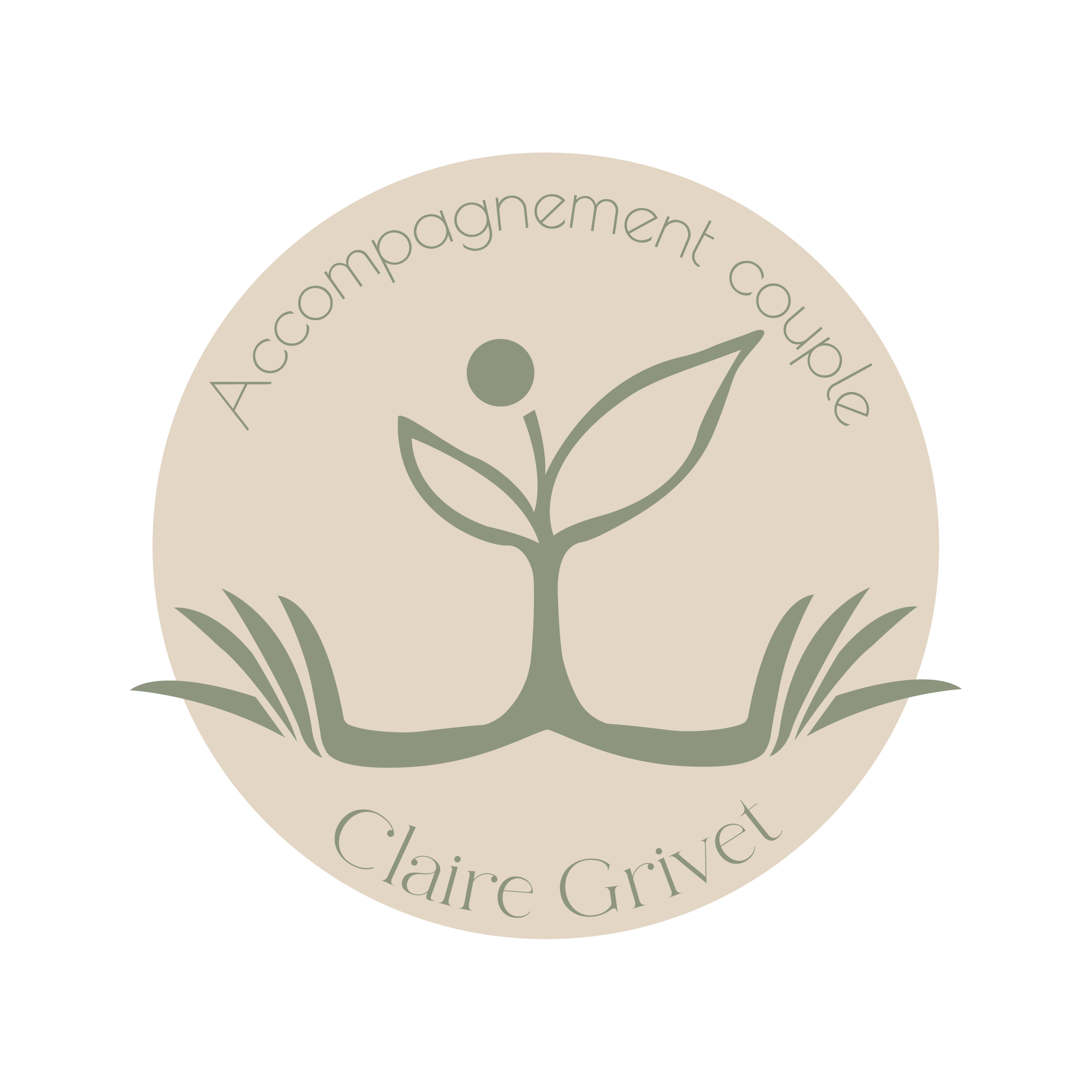 Logo rond avec un symbole d'une jeune pousse et de l'herbe, texte 'Accompagnement coupe Claire Grivet' écrit autour du cercle.