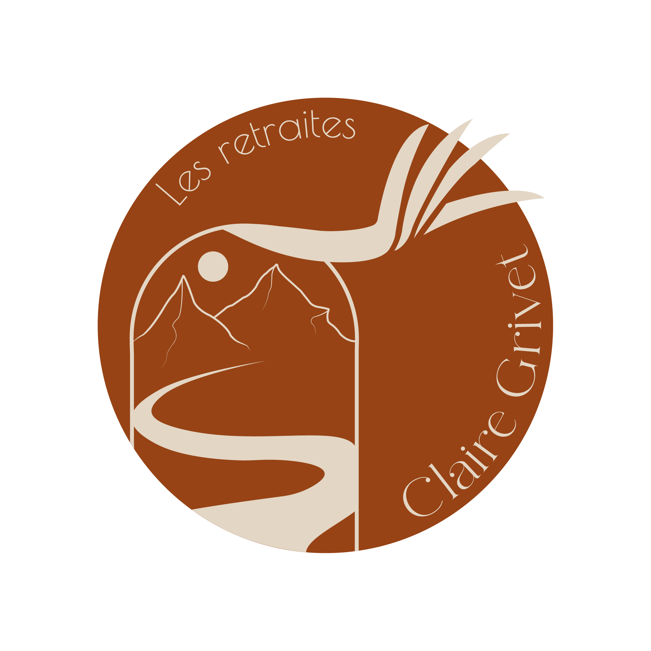 Logo circulaire avec une montagne, une rivière et un soleil, une plume stylisée au-dessus, et le texte 'Les retraites' en haut et 'Claire Giret' en bas, en couleurs brunes et beige.