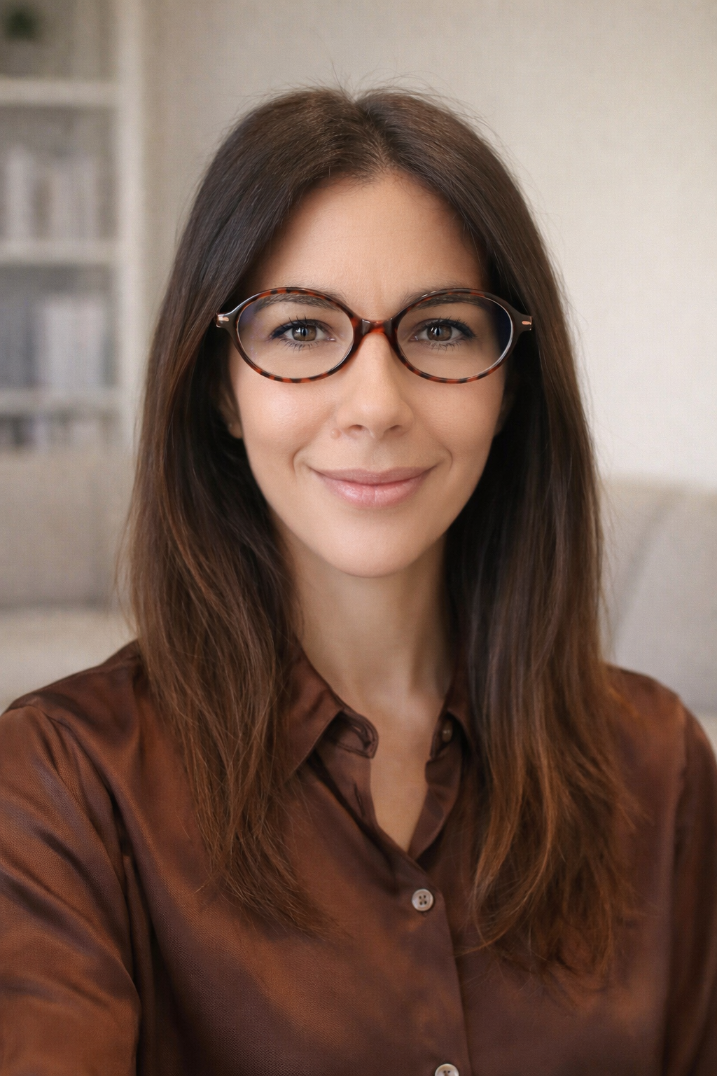Ritratto di una donna con capelli castani, occhiali tondi e camicia marrone chiusa fino al colletto, sorridente, in un ambiente domestico o ufficio.