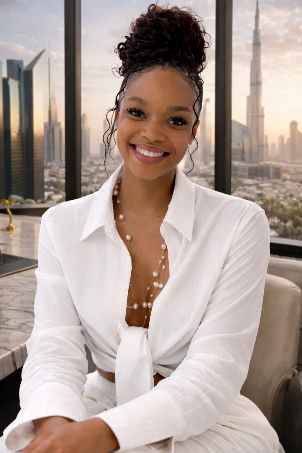 A smiling woman with curly hair tied up in a bun, wearing a white blouse and pearl jewelry, sitting in an office with large windows showing a city skyline with tall skyscrapers in the background.