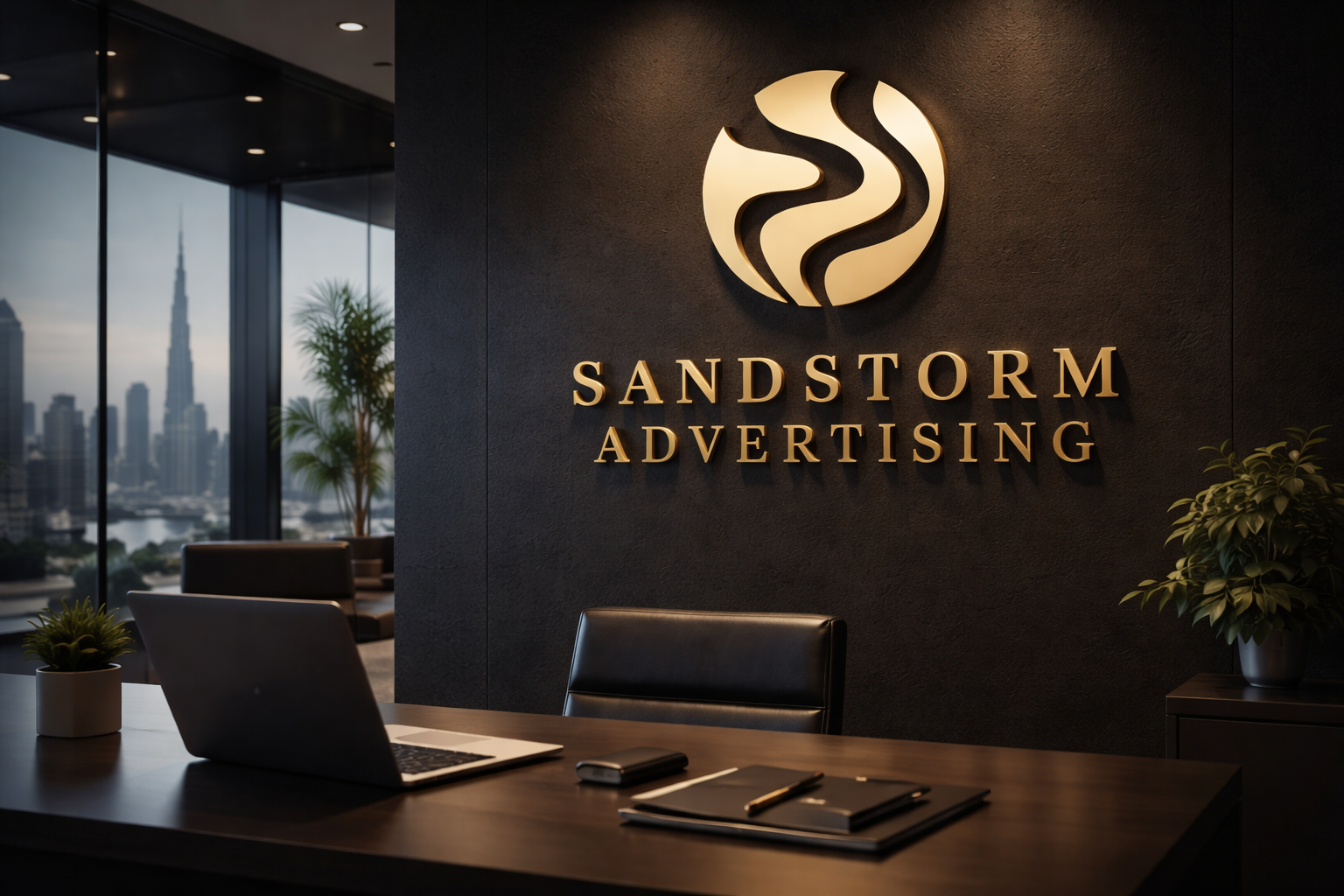 Interior office space with a black wall displaying the logo and name of Sandstorm Advertising, a desk with a laptop, notebook, and pens, and a view of a city skyline through large windows.