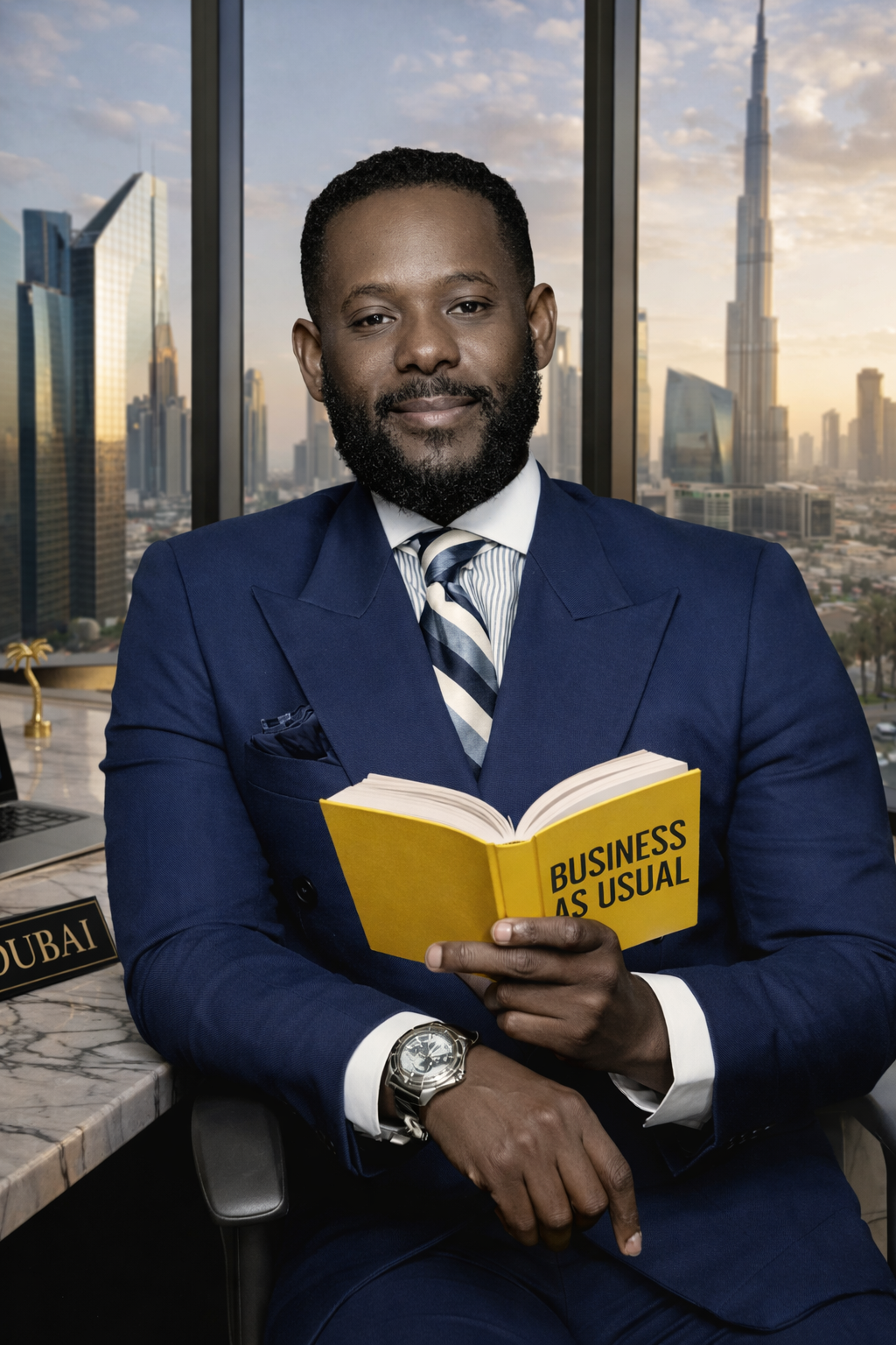 A man in a blue suit is sitting at an office desk, holding a yellow book titled 'Business as Usual'. He is smiling and looking at the camera, with a city skyline, including the Burj Khalifa, visible through large windows behind him.