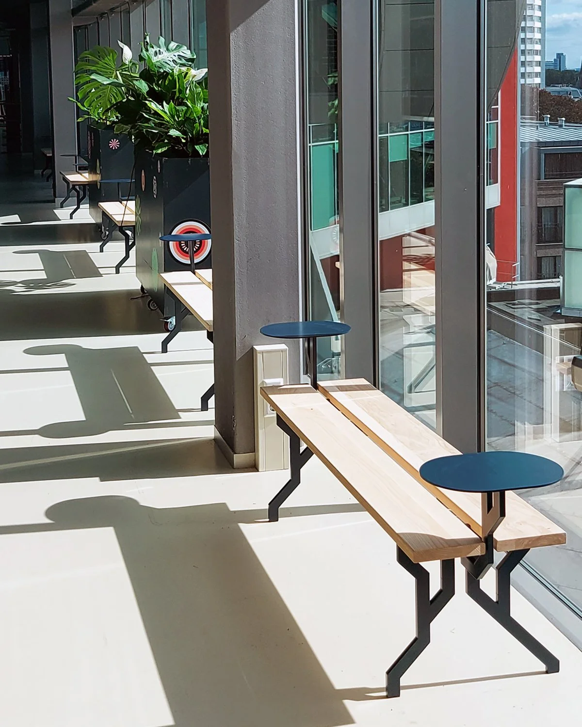 Interior of a modern building with wooden benches by large glass windows, potted plants, and shadows on the floor from sunlight.